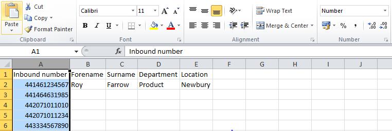 Highlight the entire Inbound Number column and change format from General to Number, then remove the decimal points to return the number back