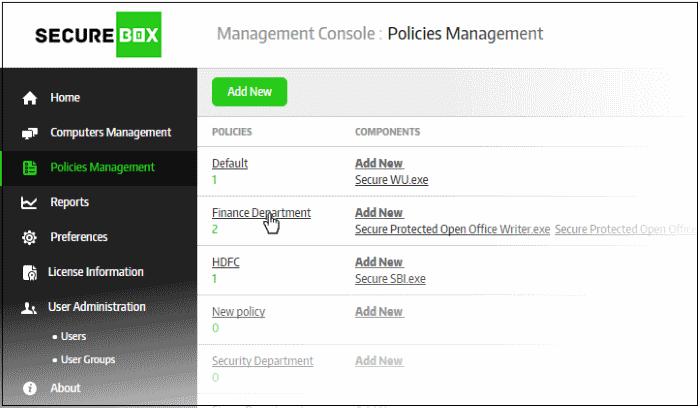 To edit a secure application policy name, click 'Polices Management' on the left and then the policy name that you want to edit. The 'Policy Properties' screen will be displayed.