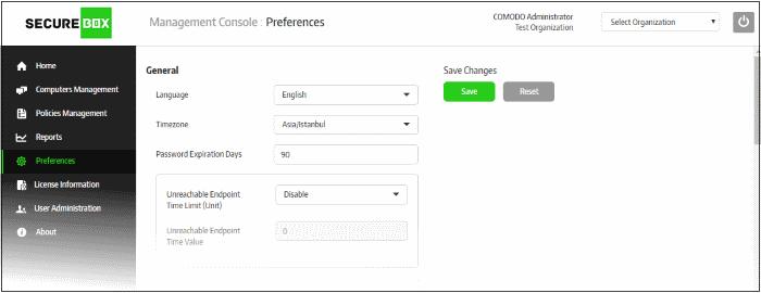 Preferences Settings - Table of Parameters Parameter Description General Language Select the console language from the drop-down. Currently only 'English' is supported.