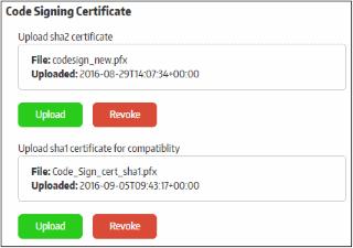 To revoke the existing code signing certificate, click the 'Revoke' button. You will need to upload a new, valid code signing certificate in order to sign your applications.