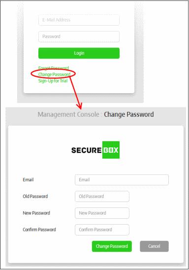 Enter the registered email address used for logging-in to the console in the first field Enter your current password in the 'Old Password' field Enter the new password and confirm it in the