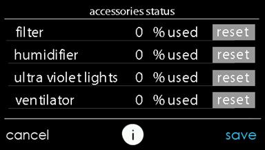 Accessories tatus Within the accessory status, you can view how much of each accessory has been consumed, and reset the counter for each accessory.