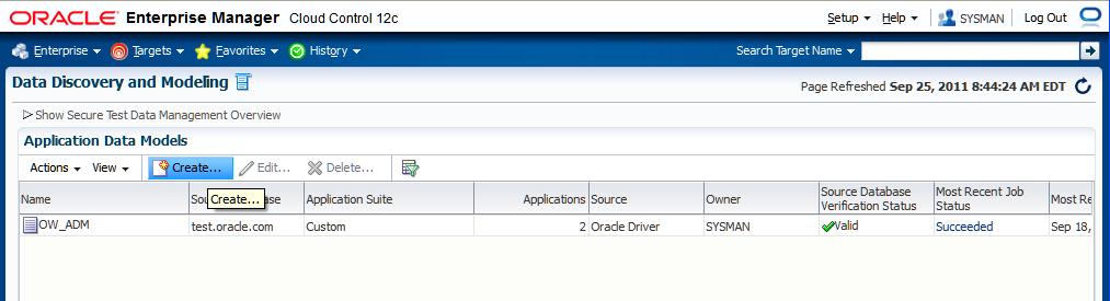 2.3 Click Create to create a new ADM. DB Subsetting (Long) Lab 2.4 On the pop up window, enter details about the new ADM: 2.4.1 Name = HR OE ADM (Note: An ADM with this name may already exist on your environment.