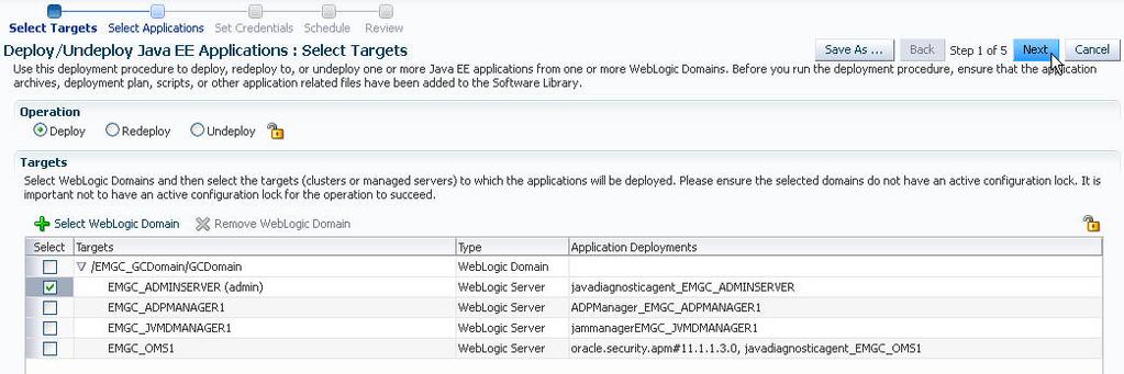 MW Deploy Java EE App Lab 1.8 Step 1: The selection process populates the table with that domain s WebLogic Servers as well as the applications already deployed to those servers.