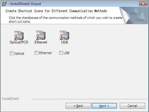 3 Setting Up the WE7000 Control Software 5. The Create Shortcut Icons for Different Communication Methods dialog box opens. Select the communication methods you will use, and then click Next.