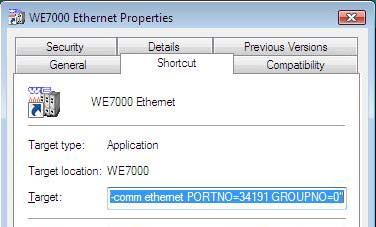 3 Setting Up the WE7000 Control Software Startup Options If you right-click a WE7000 shortcut icon and click Properties, the following dialog box opens.