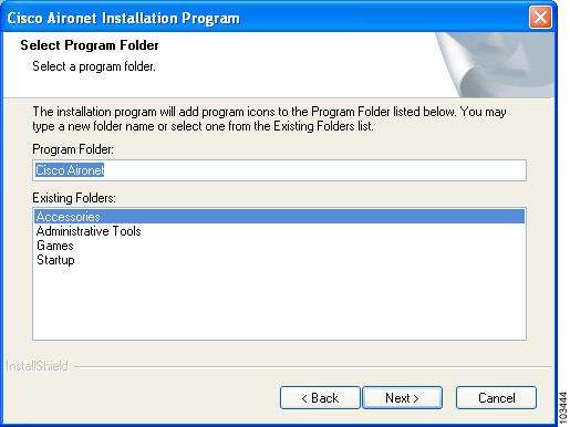 Installing the Client Adapter Software Figure 7 Select Program Folder Window Step 25 Click Next to add program icons to the Cisco Aironet program folder.