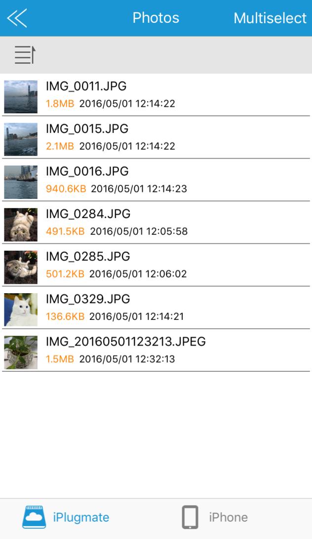 2. To browse photos/videos/music files stored on either the iplugmate USB drive or the connected Apple device, tap on the respective icon on the top row (Figure 1) and then tap on