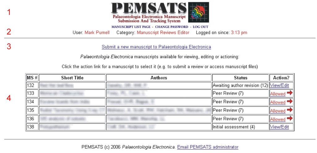 PALAEO-ELECTRONICA.ORG Figure 2. The PEMSATS manuscript list page (sensitive information has been obscured). Once logged in, this is the page all users see. 2.1.