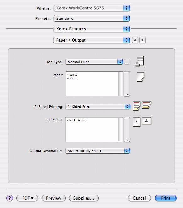 Custom Driver Features OS X printer driver features are contained in the Xerox Features drop-down menu.