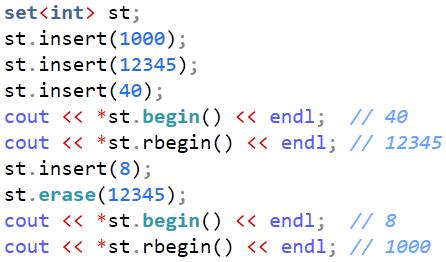 set<t> set is like an "always sorted" array Initialize with unsorted