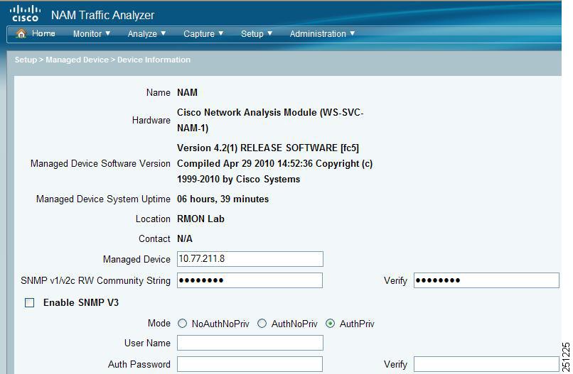 Additional Configuration Using the NAM GUI Chapter 5 Figure 5-2 Managed Device Information Window