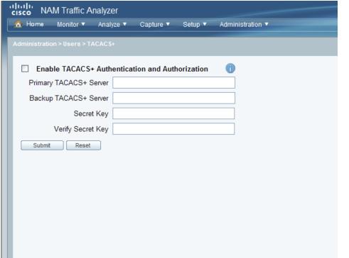 Enter the IP address of the TACACS+ server and the secret key to communicate with the server. The secret key must be the same as the one configured in the TACACS+ server.