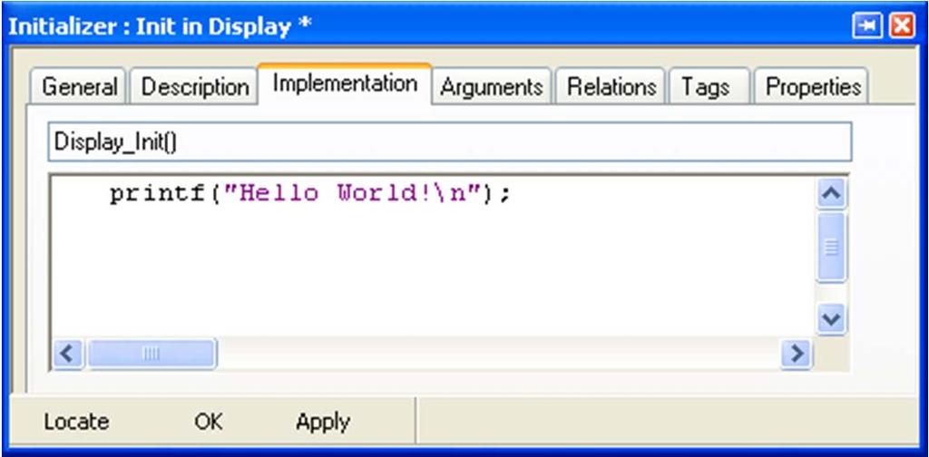 Adding an implementation Select the Display Initializer in the browser and double-click to open the features window.