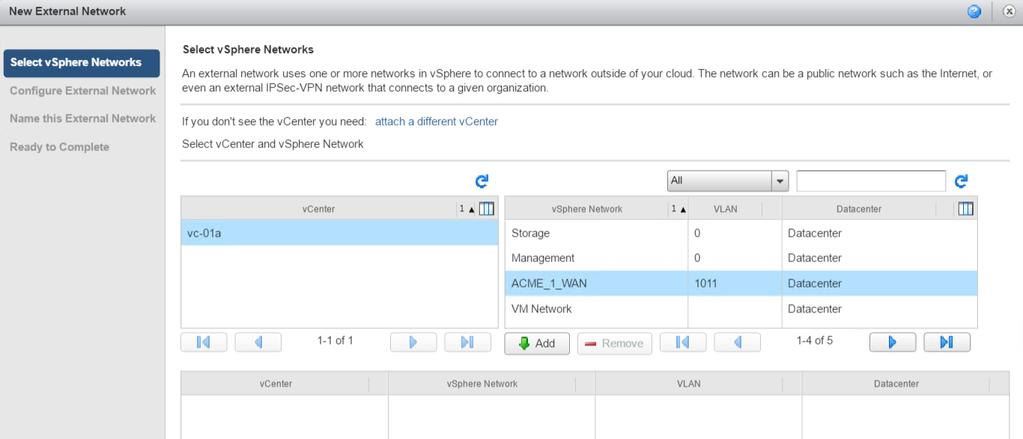 In the Add Network dialog, select the vcenter Server to show available vsphere networks, and