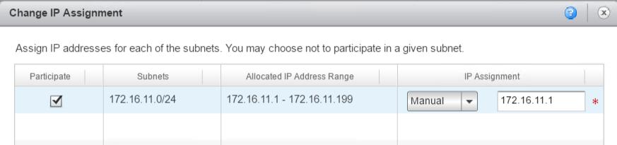 11. In the Change IP Assignment dialog, set the IP Assignment mode to Manual and enter the required interface