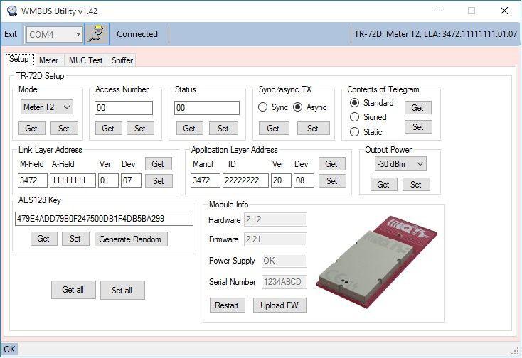 WMBUS utility To setup parameters and control wm-bus devices in all Meter, MUC and Sniffer modes from PC, the WMBUS_Utility_xxxxxx-.exe demo is provided. Proper USB CDC driver must be installed on PC.