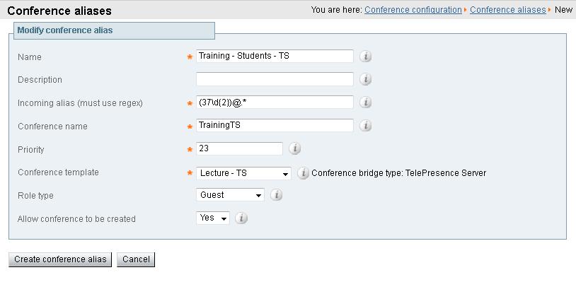 Appendix 1: Configuring TelePresence Conductor and Cisco VCS to support numeric dial strings Creating a conference alias for the TelePresence Server hosted Lecture - TS template with a role of Guest