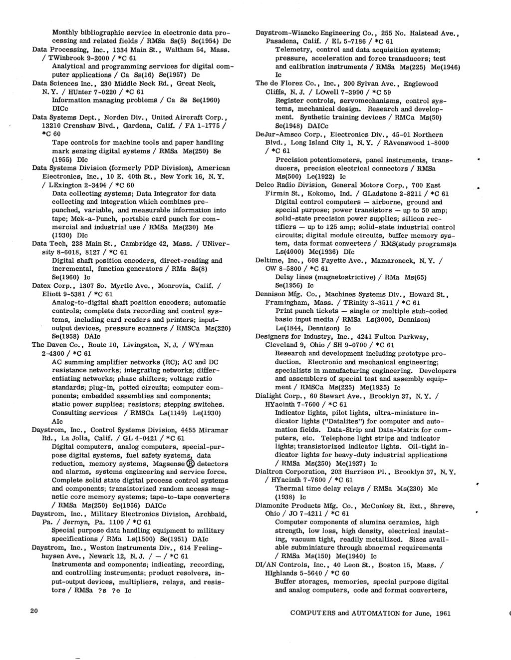 Monthly bibliographic service in electronic data processing and related fields / RMSa Ss(5) Se(1954) Dc Data Processing, Inc., 1334 Main St., Waltham 54, Mass.