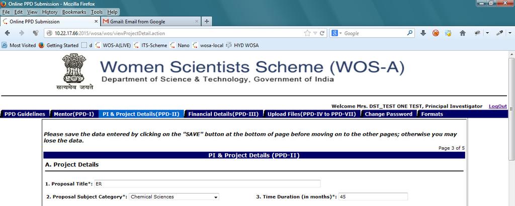 2.3 PI & Project Details (PPD-II) 2.3.1 The following page is displayed to you to enter PI & Project Details (PPD-II) tab.