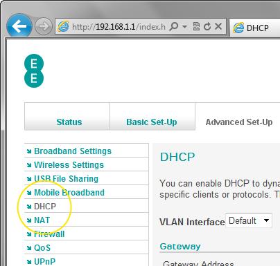 Description of DHCP settings: The table below contains a description of the settings on the DHCP page: Section VLAN Interface Gateway Address Description This dropdown allows you to configure which