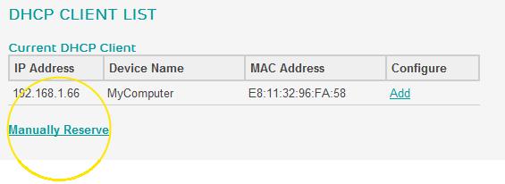 In this example we are going to reserve the IP address for MyComputer : 6. If the computer/device is not currently connected to the Bright Box, click the Manually Reserve link: 7.