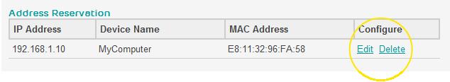 9. In this example we will reserve the IP address 192.168.1.10 for a device with a MAC Address of E8:B2:C3:D4:E5:F6 called My Laptop. 10. Click Save Settings: 11.