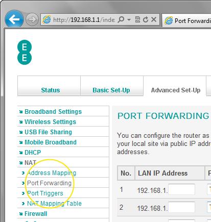 Description of Port Forwarding settings The table below contains a description of the settings on the Port Forwarding page: Section Number LAN IP address Protocol Type LAN Port Description This field
