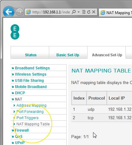 You can refresh the NAT mapping table by clicking the refresh button at the bottom of the page The table below contains a description of the fields on the NAT mapping page : Section Index Protocol