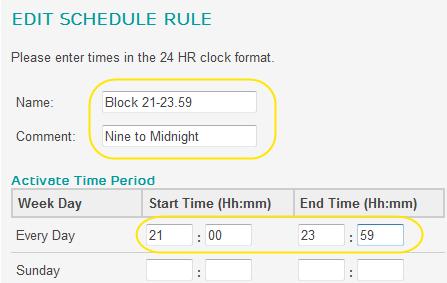 6. Enter a value in the name field for the schedule this name will appear in the Scheduling Rule dropdown on the Access Control page when you define the access control rule.