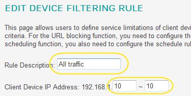 12. Click the Add Device Filtering Rule link: 13. On the Edit Device Filtering Rule page enter a rule description in this example we will enter All traffic 16.