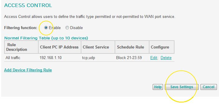 17. Select the type of traffic you want to block by ticking the blocking box next to the service name.