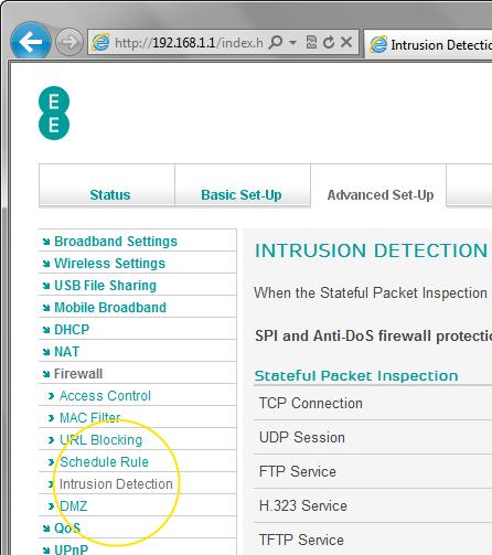 Description of Intrusion Detection settings: The table below contains a description of the settings on the Intrusion Detection page : Section SPI and Anti-DoS firewall protection TCP Connection UDP