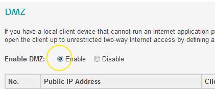 6. In the client device IP address field for Index 1, enter the IP address of the computer you wish to add to the DMZ. In this example we will add 192.168.1.10: 7. Click Save Settings: 8.