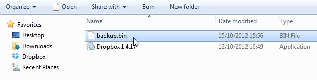 7. Select the location of the backup.bin file that you previously saved. For example, in the Downloads folder: 8. Double click the backup.bin file, and then on the Restore page click Apply: 9.