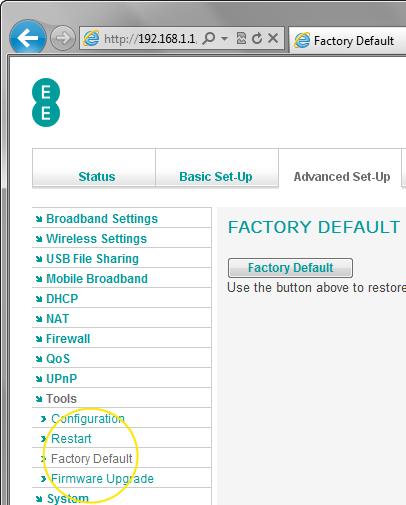 5. Click on the Factory Default