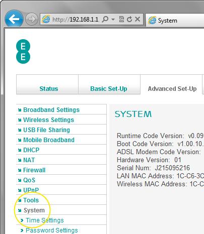The System page displays additional details about your router, including hardware, MAC address and software information.