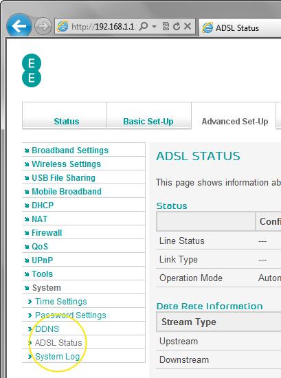 4. Click on ADSL Status on the left hand menu: The following table describes the information displayed on the ADSL Status page: Section Link Status Link Type Description This is the current