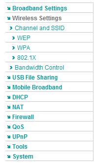 11x/Bandwidth Control sub-pages nestled underneath the Wireless Settings category in the Advanced Set-Up tab: Default Menu View: View when clicking on the Wireless Settings category: BRIGHT BOX ADMIN