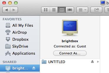 On Mac OS X open the Finder window and select Go > Connect to Server and enter smb://brightbox and click Connect to open the network drive.