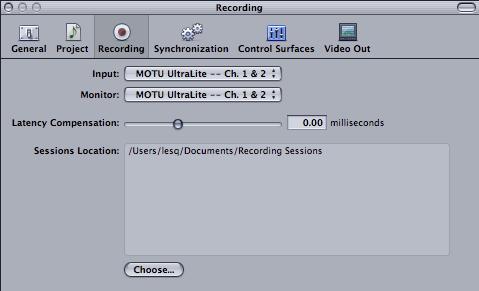 Soundtrack Pro In Soundtrack Pro, access the preferences window, click the Recording tab and choose MOTU UltraLite from the Input and Monitor menu as shown