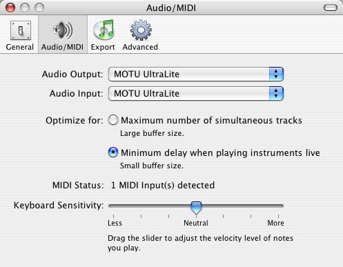Choose the MOTU UltraLite from the Input Audio Device and Output Audio Device menus as shown below in Figure 9-5.