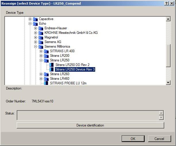 Service and maintenance of SIMATIC PDM 7.6 Replacing/removing field devices 3. Select the EDD SITRANS LR250 device revision 3. The device path is displayed in the window title bar.