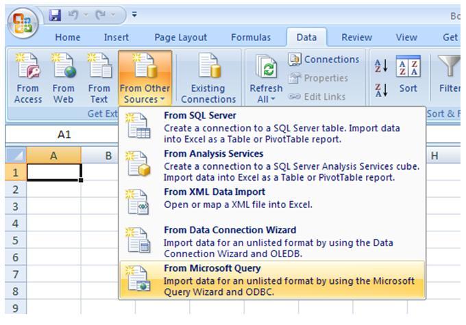Create a Sample Query that Uses the ODBC Data Source 3. Click the From Other Sources icon, and select the From Microsoft Query option from the resulting drop-down list. 4.