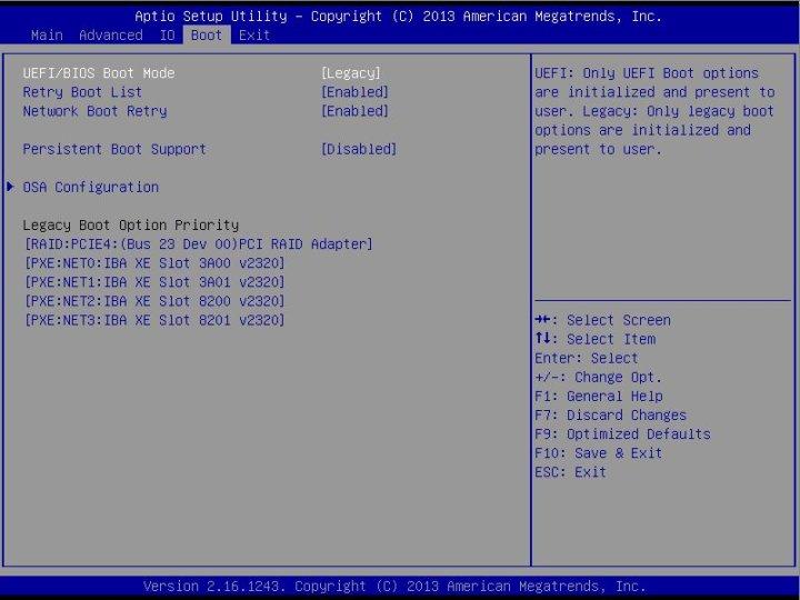 BIOS Boot Menu Selections TABLE 43 BIOS Boot Menu Options Setup Options Options Defaults Description UEFI/BIOS Boot Mode Legacy/UEFI Legacy Select either Legacy BIOS or UEFI as the boot mode.