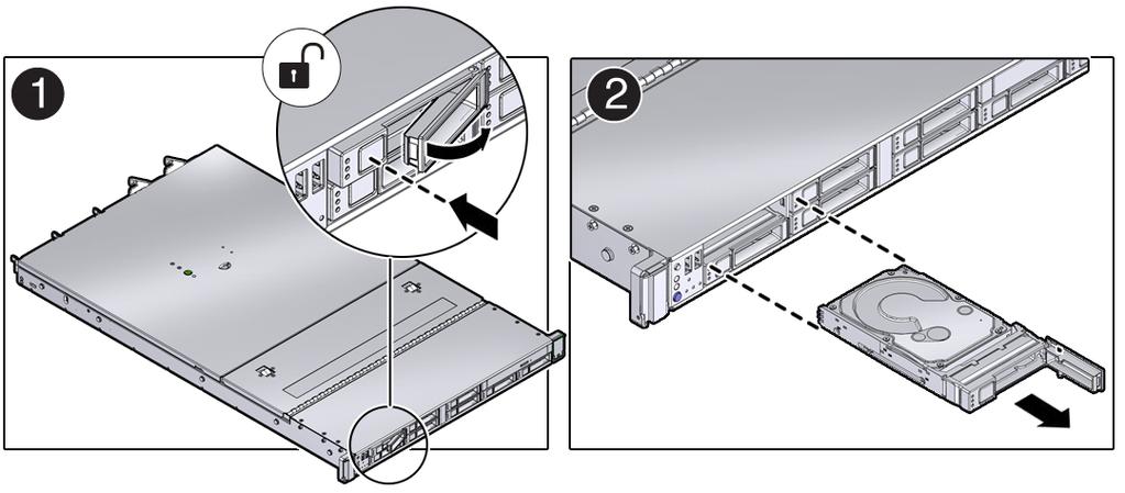 Remove an HDD or SSD Storage Drive 4. On the drive you plan to remove, push the latch release button to open the drive latch. Caution - The latch is not an ejector.