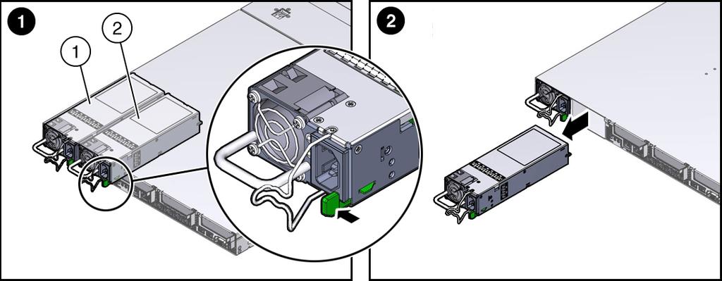 Install a Power Supply 5. 6. Grasp the power supply handle and push the power supply latch to the left [1].