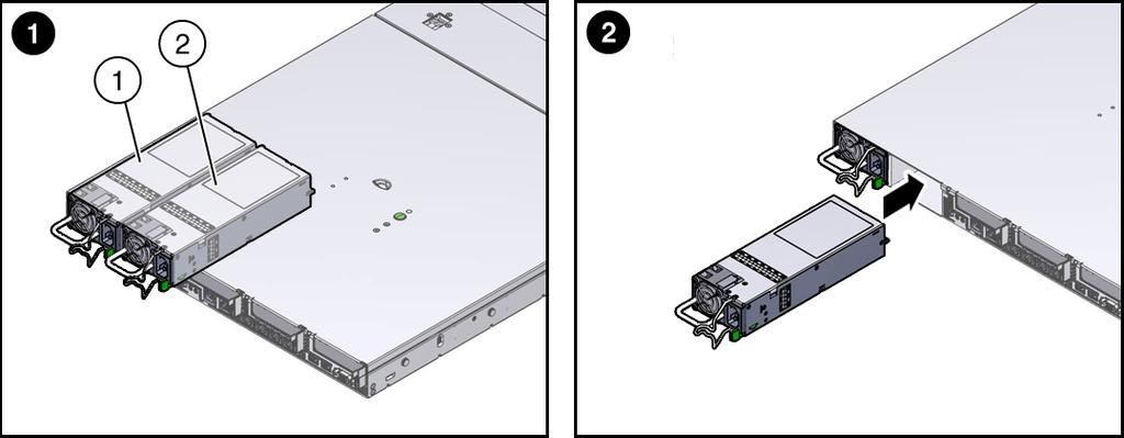Install a Power Supply 1. Remove the replacement power supply from its packaging and place it on an antistatic mat. 2. Align the replacement power supply with the empty power supply slot [1]. 3.