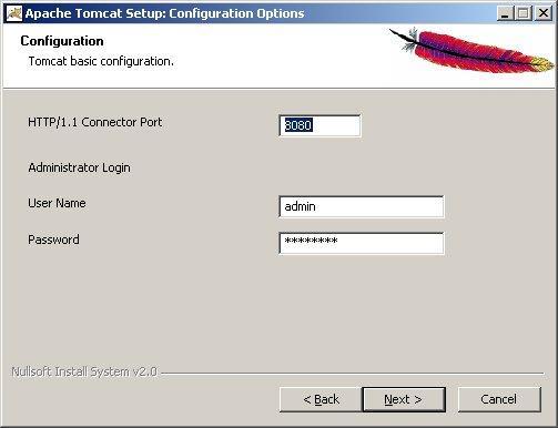 Apache Tomcat Setup: Configuration Options 14. You will next see a prompt for the path to the Java installed earlier click Next to accept the default location. 15.