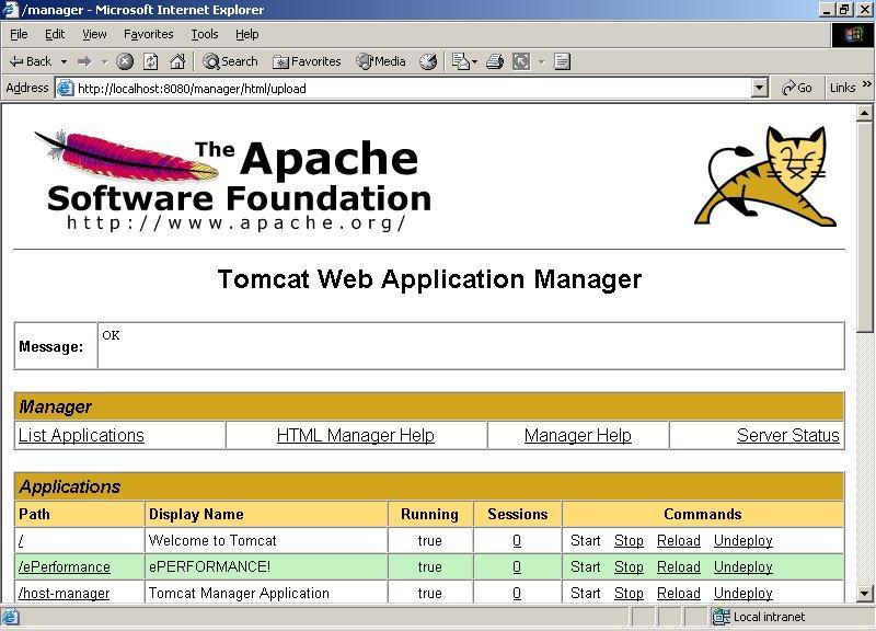 Perform the following procedure to deploy eperformance. 4 Deploying eperformance 1. Using the Web Browser just opened and the Tomcat default webpage click on Tomcat Manager. 2.